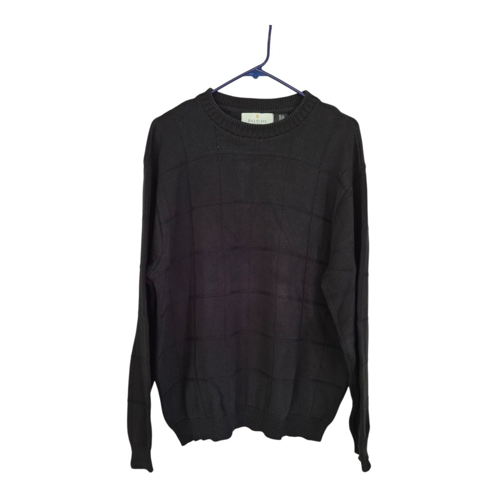 Bill Blass Mens XL Black 100% Cotton Grid Knit Crewneck Sweater Quiet Luxury